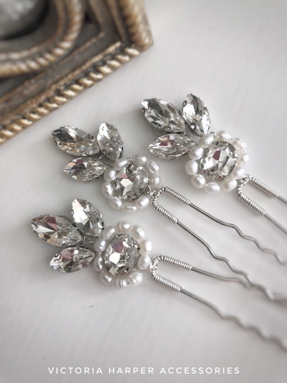 Set Of 3 Ivory Freshwater Pearl Navette Bridesmaid Hair Pins Etsy