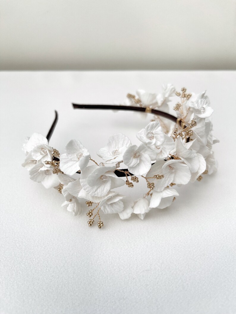 Clay flowers tiara, floral headpiece, bridal headpiece, Bridal headband, Silver, Gold, Rose Gold,Bridal Accessory image 3