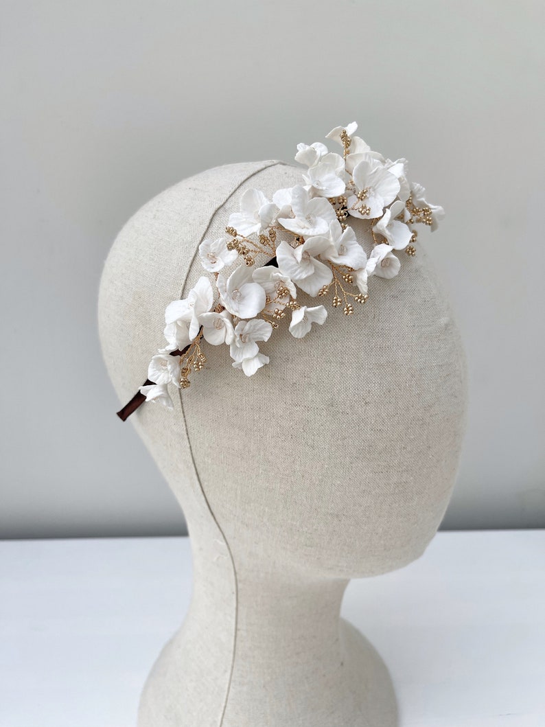 Clay flowers tiara, floral headpiece, bridal headpiece, Bridal headband, Silver, Gold, Rose Gold,Bridal Accessory image 5