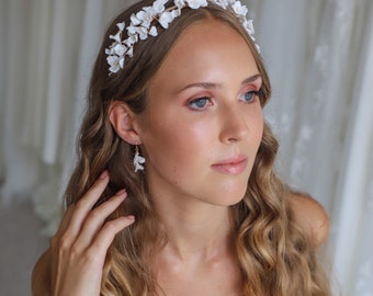 Clay flowers tiara, floral headpiece, bridal headpiece, Bridal headband, Silver, Gold, Rose Gold,Bridal Accessory