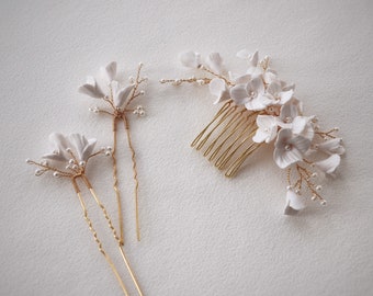 Clay flower set, bridal haircomb, bridal hairpins, bridal headpiece, bridal hair set, set