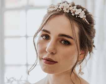 Floral tiara, Clay flowers tiara, floral headpiece, bridal headpiece, Bridal headband, Silver, Gold, Rose Gold,Bridal Accessory