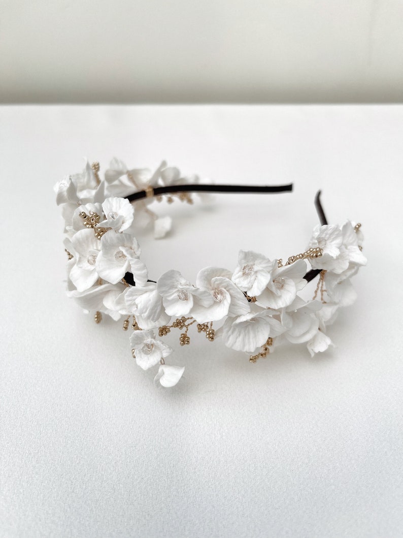 Clay flowers tiara, floral headpiece, bridal headpiece, Bridal headband, Silver, Gold, Rose Gold,Bridal Accessory image 4