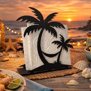 Palm tree napkin holder, home kitchen decor, functioning artwork, paper towel holder, coral art, metal art, sea life artwork