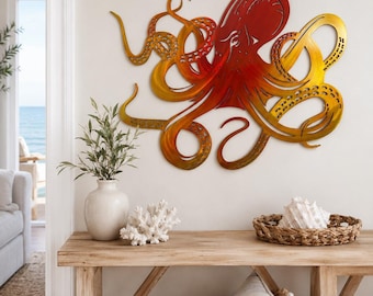 Metal Octopus Wall Art | Coastal Nautical Decor | Red and Yellow Octopus Decor | Beach House Wall Hanging | Ocean Themed Wall Art