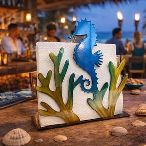 Seahorse napkin holder, home kitchen decor, functioning artwork, paper towel holder, coral art, metal art, sea life artwork