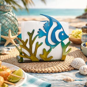 Angel fish napkin holder, home kitchen decor, functioning artwork, paper towel holder, coral art, metal art, sea life artwork