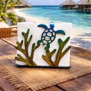 Turtle napkin holder, home kitchen decor, functioning artwork, paper towel holder, coral art, metal art, sea life artwork
