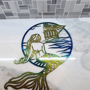 Sailboat and Mermaid Metal Wall Decor, Hanging Mermaid Wall Art, sea art, sailboat, Mermaid Sculpture for Home Garden Pool Bathroom Decor