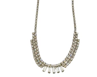 Vintage Rhinestone Bib Necklace: 1950s Silver Tone Jewelry