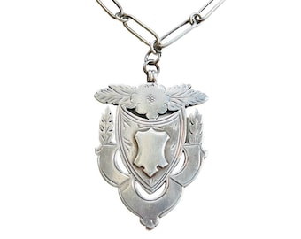 Sterling Silver Watch Fob Necklace: Antique Birmingham 1886 Floral Pendant