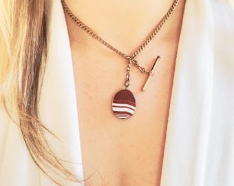 Victorian Banded Agate Pendant Necklace on Gold-Filled Curb Watch Chain