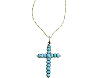 Victorian 14K Gold Cross with Turquoise Stones
