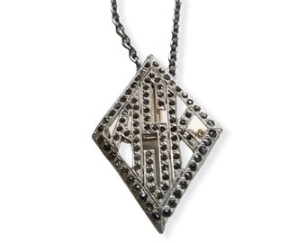 Art Deco Marcasite Monogram Necklace: Vintage Silver Pin Pendant