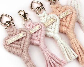 Cadeau personnalisé pour la fête des mères, porte-clés cœur en macramé, cadeau en macramé personnalisé