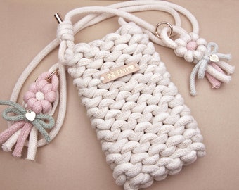 Étui personnalisé pour téléphone portable, sac au crochet pour téléphone portable, sac en macramé, étui pour téléphone portable au crochet, sac pour smartphone, cadeau pour femmes