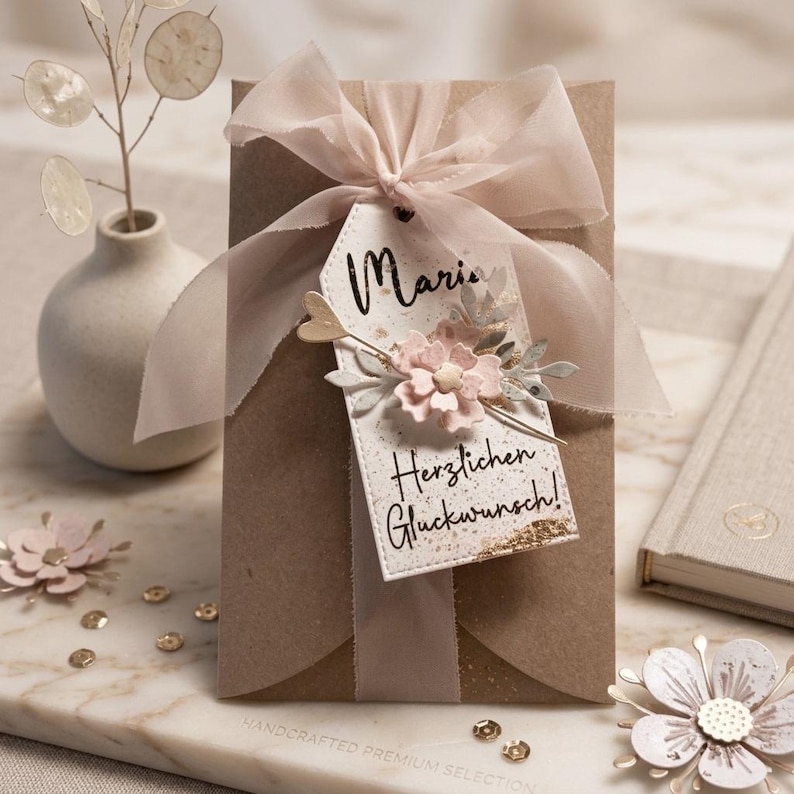 May include: A brown paper envelope adorned with a sheer light pink ribbon bow and a white rectangular tag. The tag features the name Maria, the text Herzlichen Gl&uuml;ckwunsch!, and a decorative arrangement of small pink flowers and gold accents.