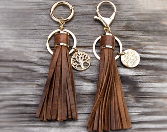 Leather keychain, tassel, tree of life, bag charm tassel leather