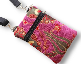 Umhängetasche mit Reißverschluss | Pink Tulip Stoff Sling Geldbörse | Reisetasche für Frauen | Mini Passport Tasche für iPhone 16