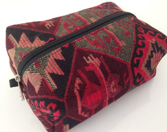 Bohemian Makeup Bag, Large Zipper Pouch, Turkish Rug Fabric