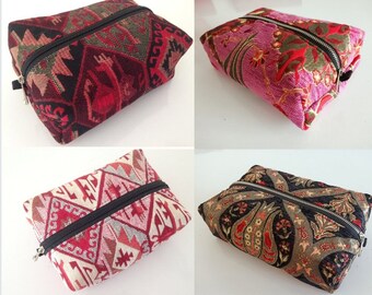 Bohemian Makeup Bag, Turkish Rug Fabric Travel Case
