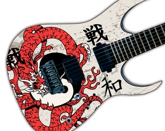 May include: An electric guitar body featuring a cream-colored finish with a distressed texture. The design includes a large red dragon coiled around a black and white yin-yang symbol, accented by black Japanese kanji characters 戦 and 和.