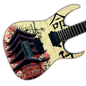 May include: An electric guitar body featuring a cream-colored finish with a graphic illustration of a purple pagoda, pink cherry blossoms, green bamboo stalks, and large black Japanese kanji characters. It includes two black EMG humbucker pickups.