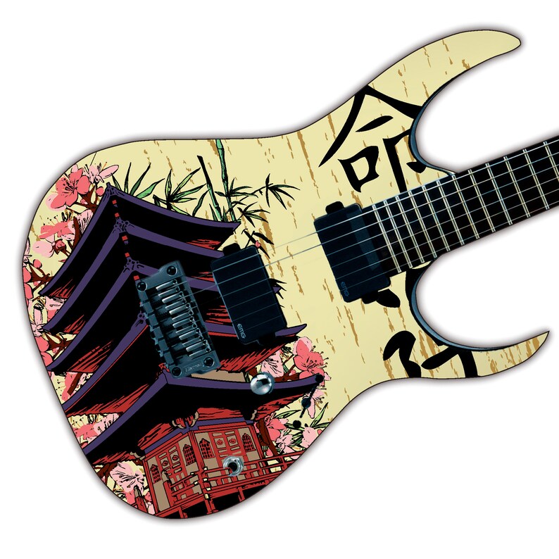 May include: An electric guitar body featuring a cream-colored finish with a graphic illustration of a purple pagoda, pink cherry blossoms, green bamboo stalks, and large black Japanese kanji characters. It includes two black EMG humbucker pickups.