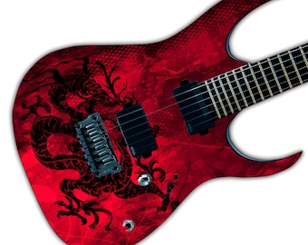May include: An electric guitar body featuring a vibrant red finish with a prominent black dragon graphic. The instrument includes two black EMG humbucker pickups, a black bridge, a single silver volume knob, and a partial view of the fretboard.