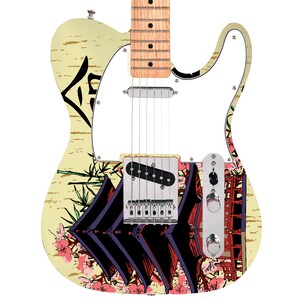 May include: An electric guitar with a cream-colored body featuring a graphic print of a dark purple pagoda, green bamboo stalks, and pink cherry blossoms. The instrument includes a white pickguard, a maple neck, and chrome hardware components.