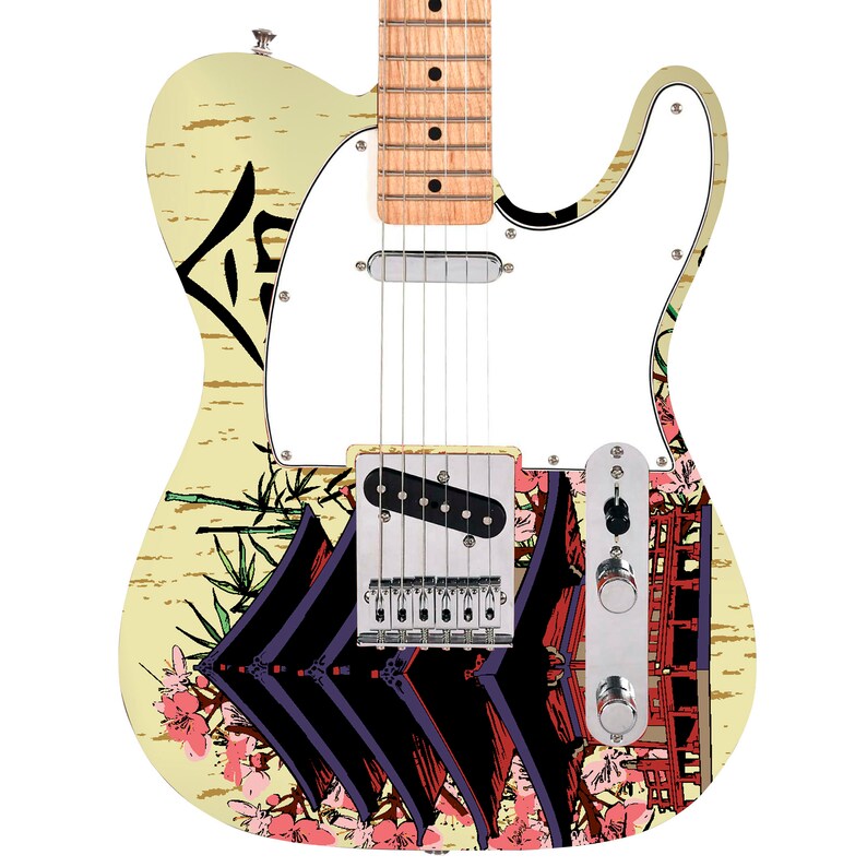 May include: An electric guitar with a cream-colored body featuring a graphic print of a dark purple pagoda, green bamboo stalks, and pink cherry blossoms. The instrument includes a white pickguard, a maple neck, and chrome hardware components.