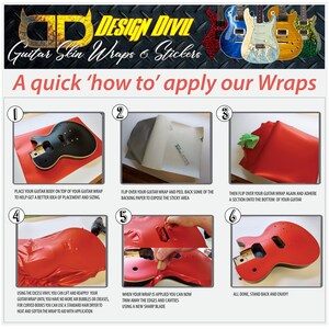 May include: An instructional graphic titled Design Divil Guitar Skin Wraps & Stickers showing a six-step process for applying a red vinyl wrap to a guitar body. The steps illustrate placing the body, peeling the backing, adhering, smoothing, trimming, and the final result.