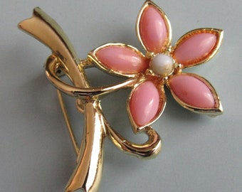 Vintage Gold Tone Rhinestone Floral Brooch Pin Free Shipping