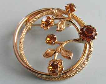 Vintage Gold Tone Rhinestone Floral Brooch Pin Free Shipping