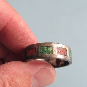Vintage Silver Turquoise Coral Inlaid Band Ring Sz 15 Free Shipping