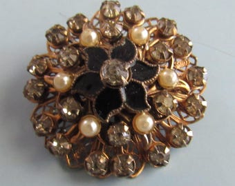 Vintage Gold Tone Rhinestone Floral Brooch Pin Free Shipping