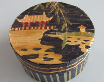 Vintage Round Lidded Asian Trinket Box Free Shipping