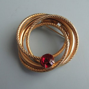 Vintage Gold Tone Red Rhinestone Brooch Pin Free Shipping