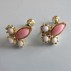 Vintage Pink White & Gold Tone Clip-On Earrings Free Shipping