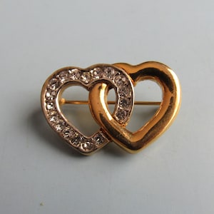 Vintage Gold Tone Rhinestone Hearts Pin Free Shipping