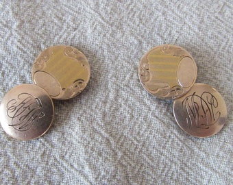 Vintage 1910 rounded oval engraved script cuff links beaded metalwork cursive initials WCG Clark /& Co cufflinks