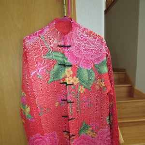 Vintage Asian Silk or Satin Floral Jacket Free Shipping