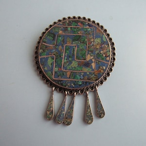 Vintage Sterling Silver Round Turquoise Inlaid Pin Pendant Taxco Mexico Free Shipping
