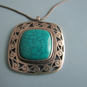Vintage Silver Tone & Faux Turquoise Pendant Necklace Free Shipping