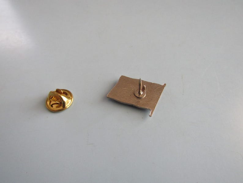 May include: A gold-colored flag pin with a pin back and a separate gold-colored clutch. The flag pin is a rectangular shape with a small pin extending from the back. The clutch is round.