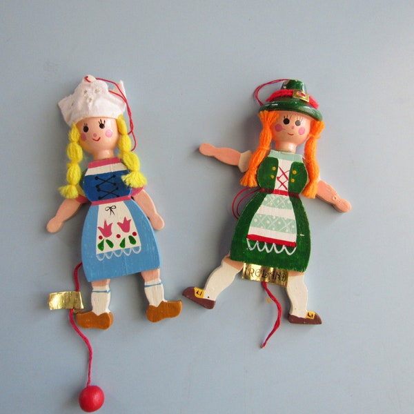 Lot of 2 Vintage Wooden Kurt Adler Pull Draw String Puppets Ornaments Dutch Girl & German Girl 1983 Free Shipping