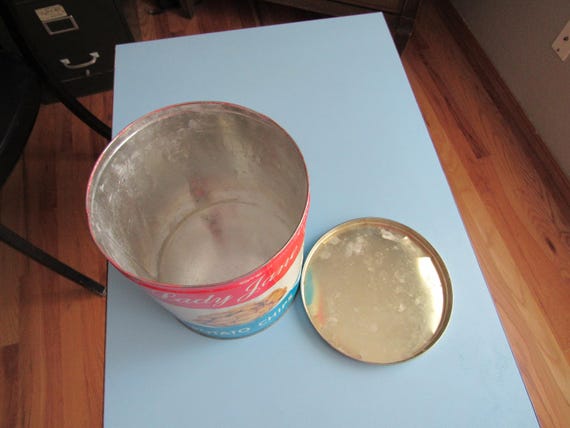 Vintage Round Lady Jane Potato Chips Tin Lithograph Canister Dutch