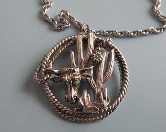 Vintage Silver Tone Southwest Theme Pendant Necklace Free Shipping