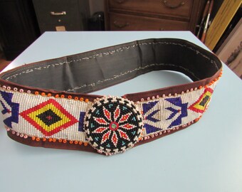 Vintage Moto Indian Bead Belt Small HARLEY DAVIDSON 40s 50s Leather Studded Jeweled Kidney  main image 3