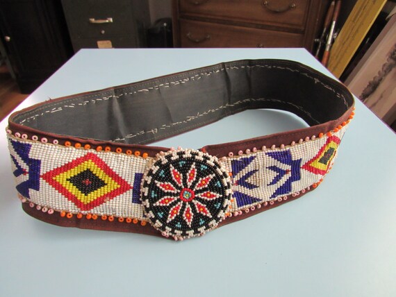 Vintage Wide Native American Seed Bead Belt & Buckle Free  display picture 3
